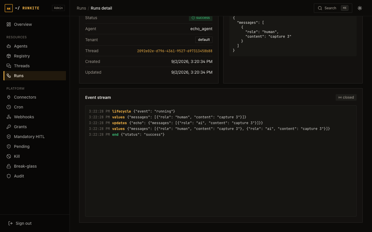 Runkite Admin Run detail page